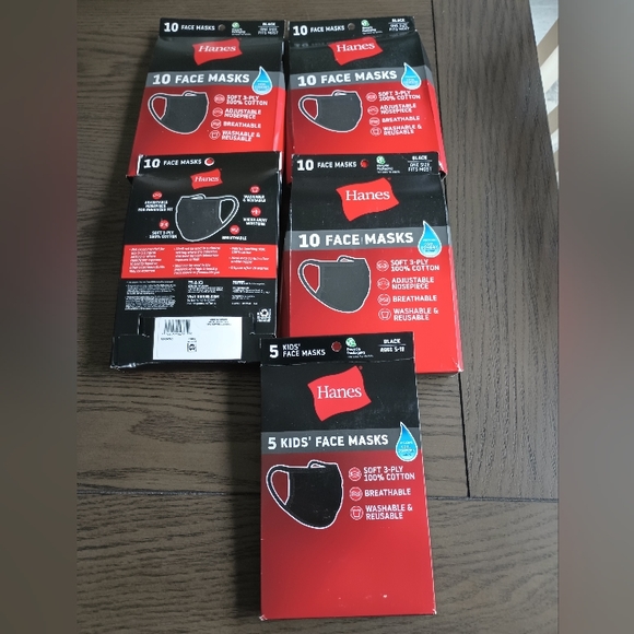 45 Hanes 100% Cotton Black Face Masks 40 Adult Size and 5 Kid's Size NWT - Picture 2 of 6